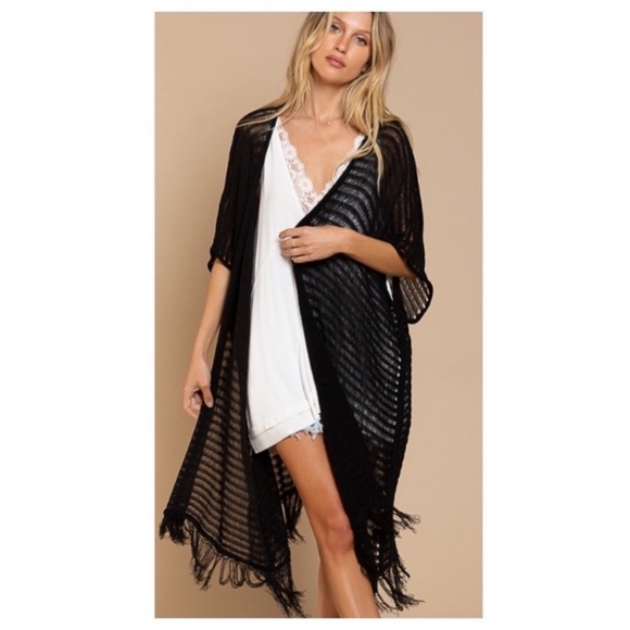 New POL Black Loose Rib Knit Cardigan/Kimono With Fringe Hem - Picture 8 of 11